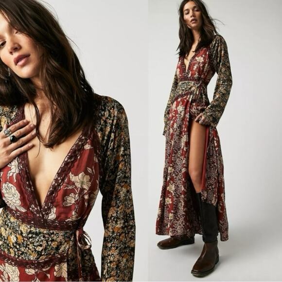 Free People Tilda Maxi Wrap Dress Neutral Small Western Bohemian Fall Witchy NWT - Picture 6 of 15